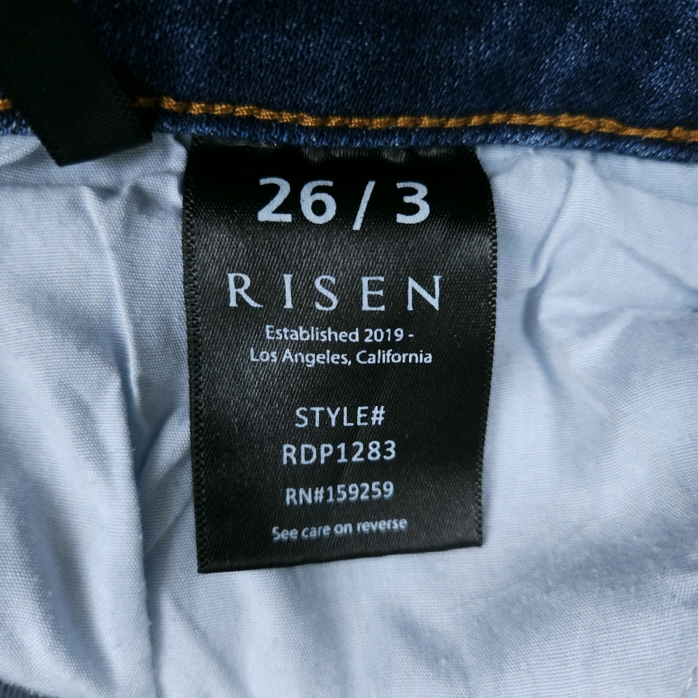 RISEN Los Angeles Flared Blue Jeans Distressed Patched Upcycled Denim Size 26 /3 - Picture 10 of 16